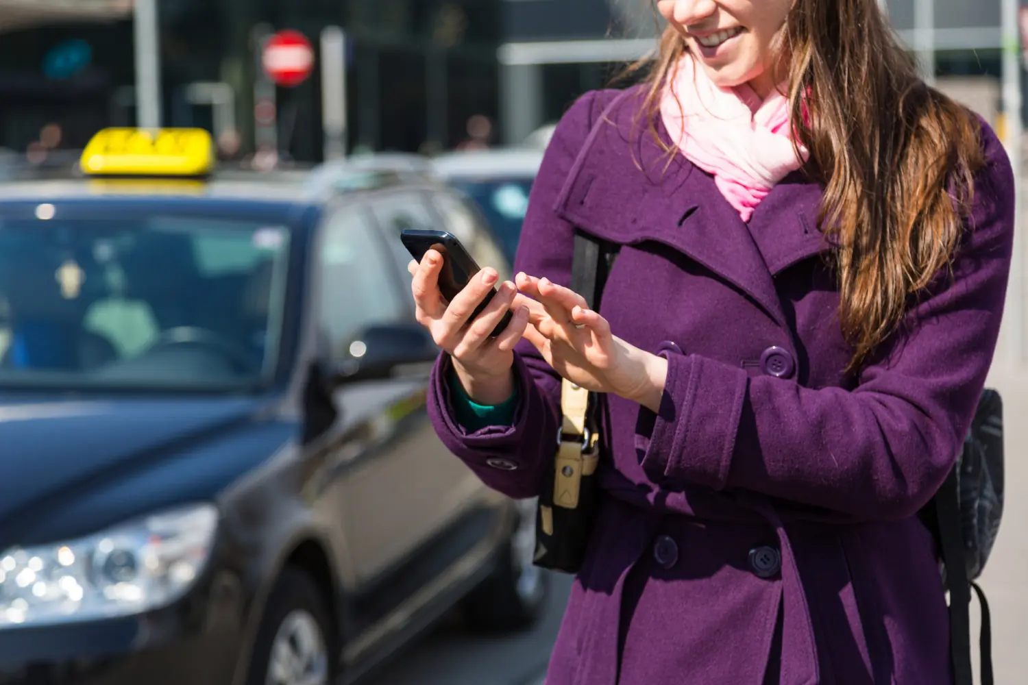 Young Woman Talking Mobile Waiting Taxi Guide